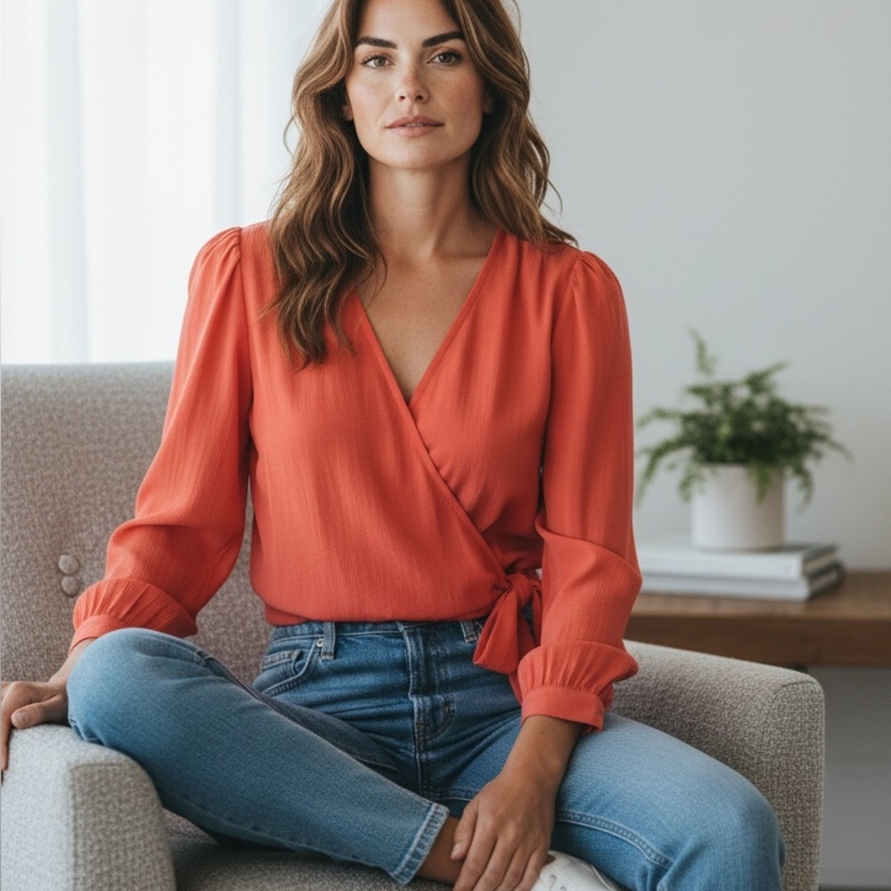 Madewell Coral Silk Wrap Top Small